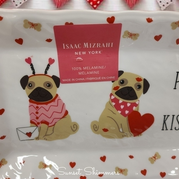 Isaac MIZRAHI Dog PUGS & KISSES 19" MELAMINE SERVING TRAY & PLATE SET New - Picture 3 of 12